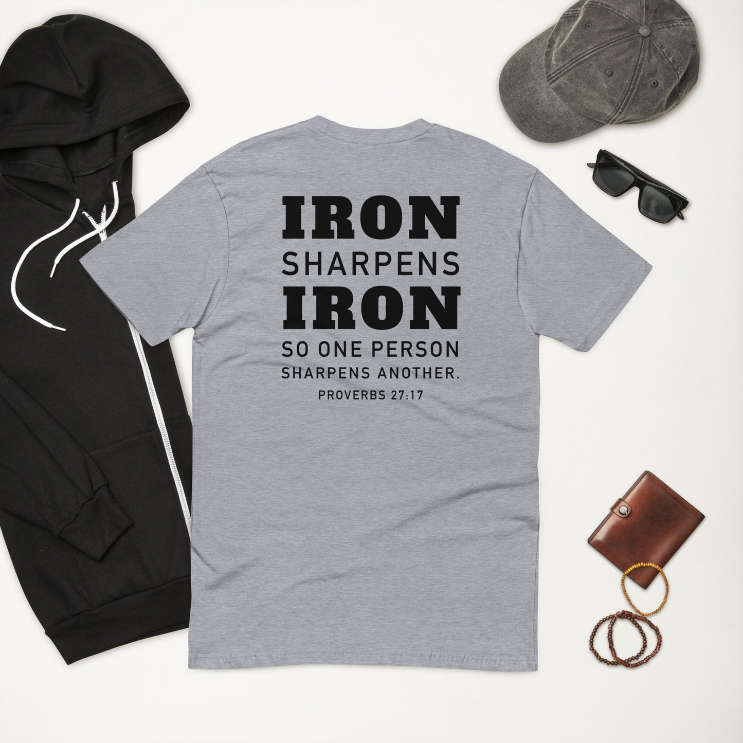 Athletic fit Iron Sharpens Iron Gym T shirt *Proverbs 27:17 Scripture on the back *