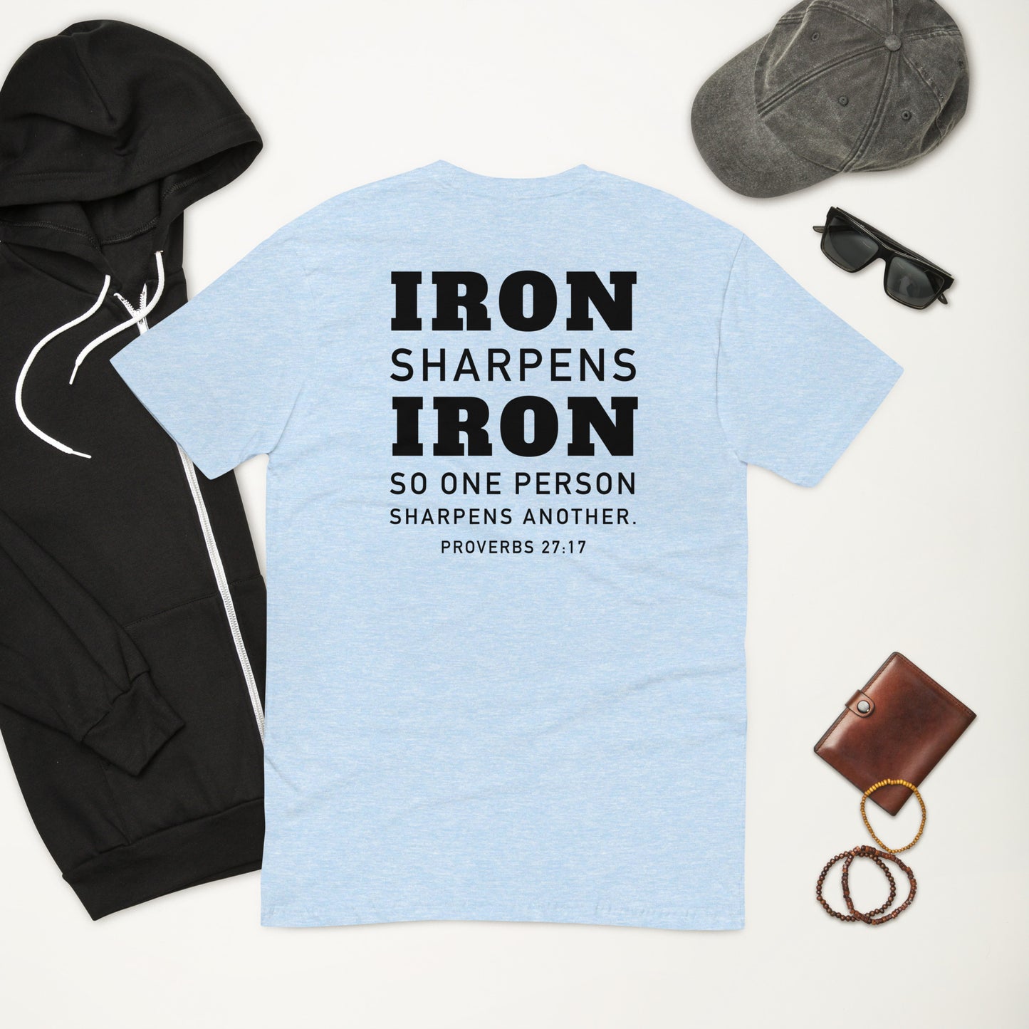 Athletic fit Iron Sharpens Iron Gym T shirt *Proverbs 27:17 Scripture on the back *