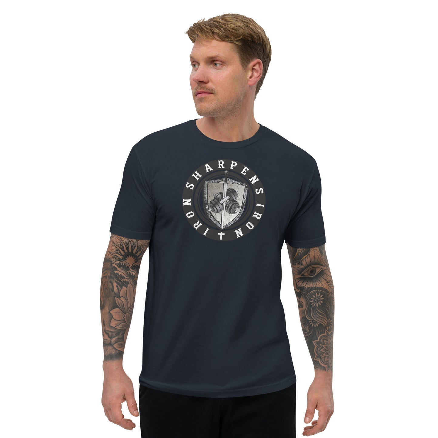 Athletic fit Iron Sharpens Iron Gym T shirt *Proverbs 27:17 Scripture on the back *