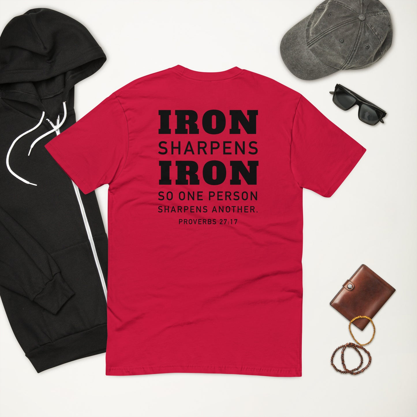 Athletic fit Iron Sharpens Iron Gym T shirt *Proverbs 27:17 Scripture on the back *