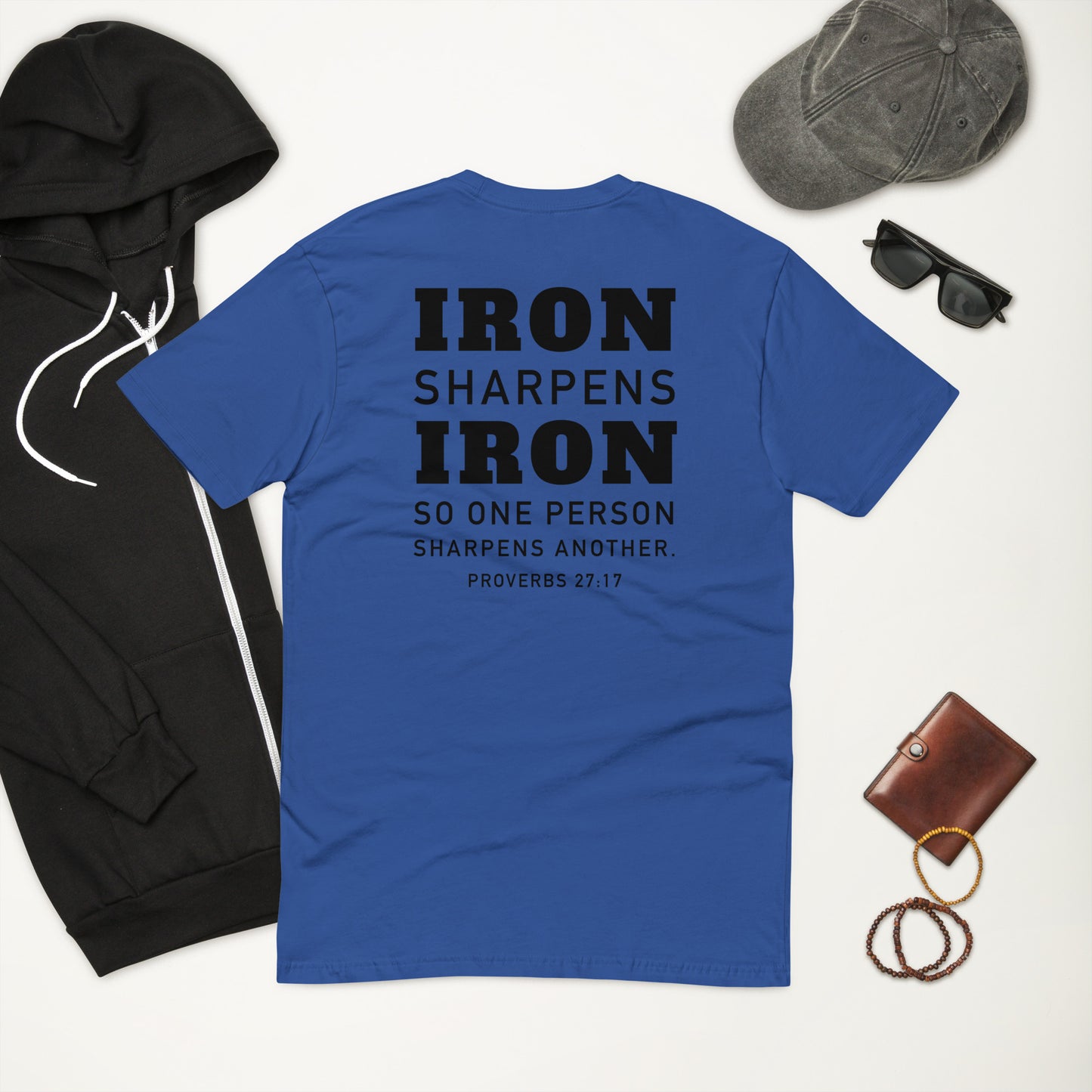 Athletic fit Iron Sharpens Iron Gym T shirt *Proverbs 27:17 Scripture on the back *