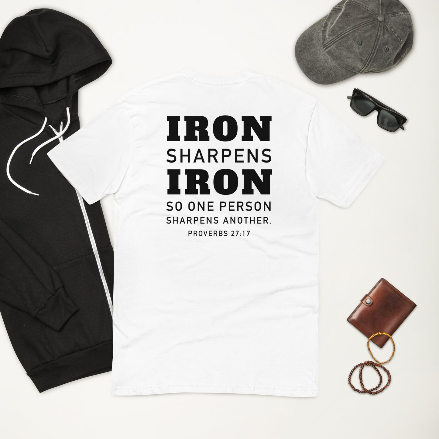 Athletic fit Iron Sharpens Iron Gym T shirt *Proverbs 27:17 Scripture on the back *